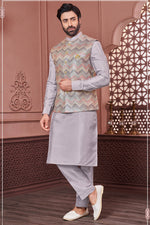 Load image into Gallery viewer, Grey Color Sangeet Wear Banarasi Silk Fabric Embroidery Work Designer Readymade Kurta Pyjama For Men With Jacket
