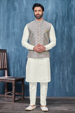 Load image into Gallery viewer, White Color Embroidery Work Fancy Fabric Reception Wear Striking Readymade Kurta Pyjama For Men With Jacket
