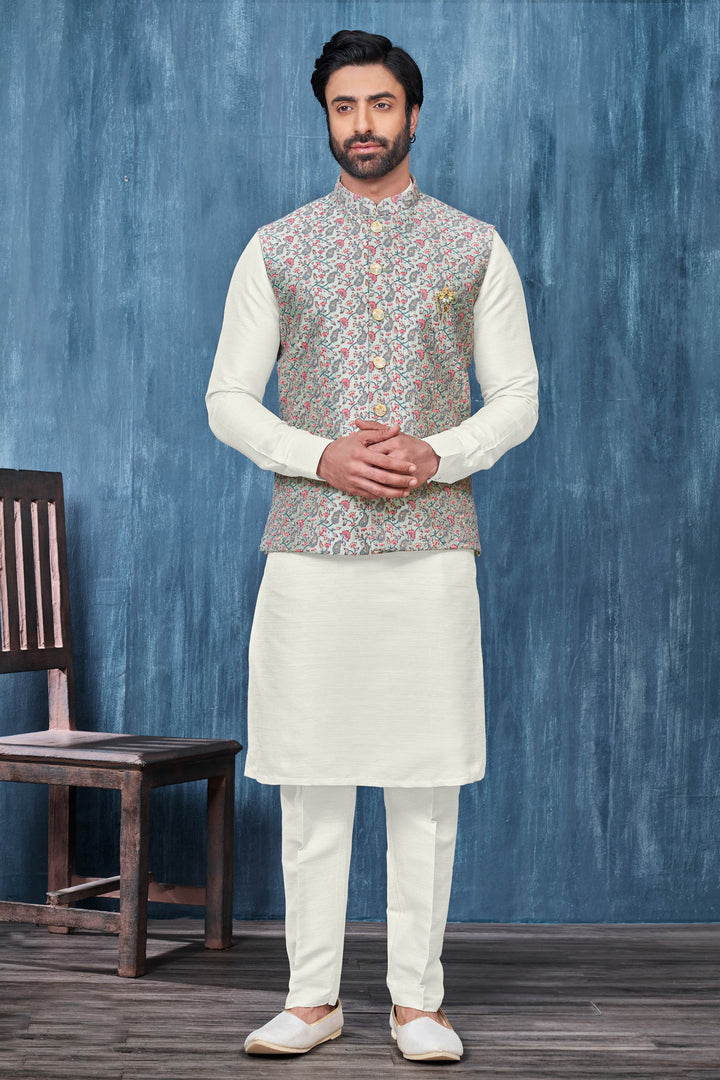 White Color Embroidery Work Fancy Fabric Reception Wear Striking Readymade Kurta Pyjama For Men With Jacket