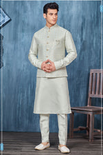 Load image into Gallery viewer, Grey Stunning Banarasi Silk Fabric Embroidery Work Function Wear Readymade Kurta Pyjama For Men With Jacket
