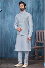 Load image into Gallery viewer, Banarasi Silk Lovely Sky Blue Color Festive Wear Embroidery Work Readymade Kurta Pyjama For Men With Jacket
