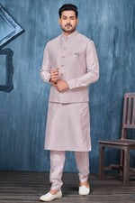 Load image into Gallery viewer, Banarasi Silk Embroidery Work Pink Color Sangeet Wear Pretty Readymade Kurta Pyjama For Men With Jacket
