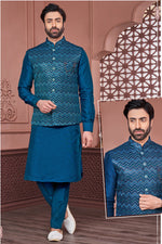 Load image into Gallery viewer, Reception Wear Blue Color Banarasi Silk Fabric Attractive Embroidery Work Readymade Kurta Pyjama For Men With Jacket
