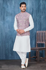 Load image into Gallery viewer, White Banarasi Silk Fabric Sangeet Wear Trendy Readymade Kurta Pyjama For Men With Jacket Set
