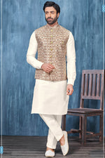 Load image into Gallery viewer, Fancy Fabric Cream Color Wedding Wear Readymade Designer Men Kurta Pyjama With Modi Jacket
