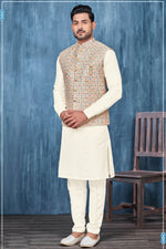 Load image into Gallery viewer, Cream Gorgeous Fancy Fabric Reception Wear Readymade Kurta Pyjama For Men With Nehru Jacket
