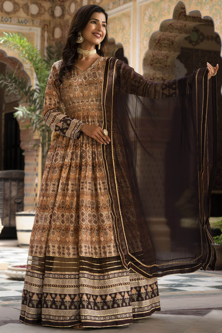 Albescent Beige Color Dola Silk Printed Readymade Party Style Gown With Dupatta