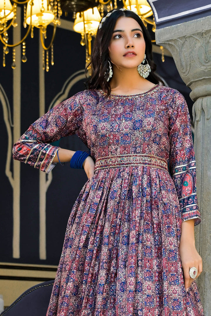 Persian Blue Dola Silk Fabric Printed Readymade Gown With Dupatta