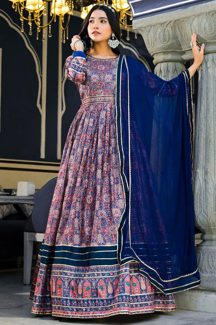 Persian Blue Dola Silk Fabric Printed Readymade Gown With Dupatta