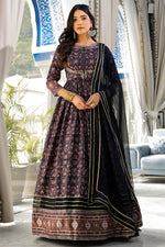 Load image into Gallery viewer, Soft Printed Black Color Dola Silk Readymade Party Style Gown With Dupatta
