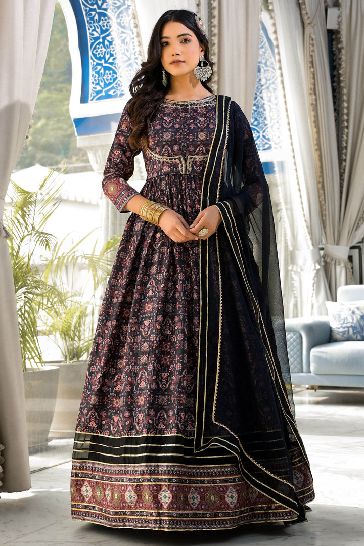 Soft Printed Black Color Dola Silk Readymade Party Style Gown With Dupatta