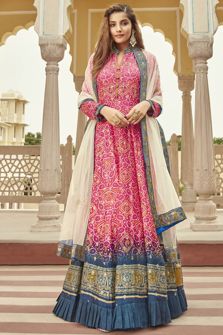 Attractive Jacquard Fabric Pink Color Bandhej Print Readymade Gown