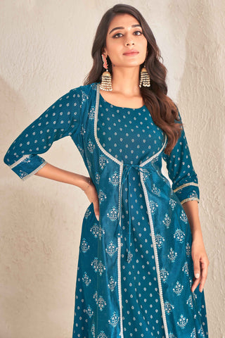 Teal Color Cotton Fabric Readymade Simple Look Kurti