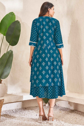 Teal Color Cotton Fabric Readymade Simple Look Kurti