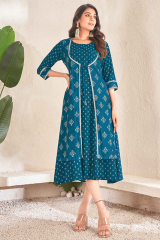 Teal Color Cotton Fabric Readymade Simple Look Kurti