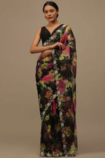 Load image into Gallery viewer, Black Organza Fabric Floral Printed Saree
