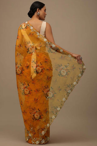 Mustard Color Floral Printed Organza Saree