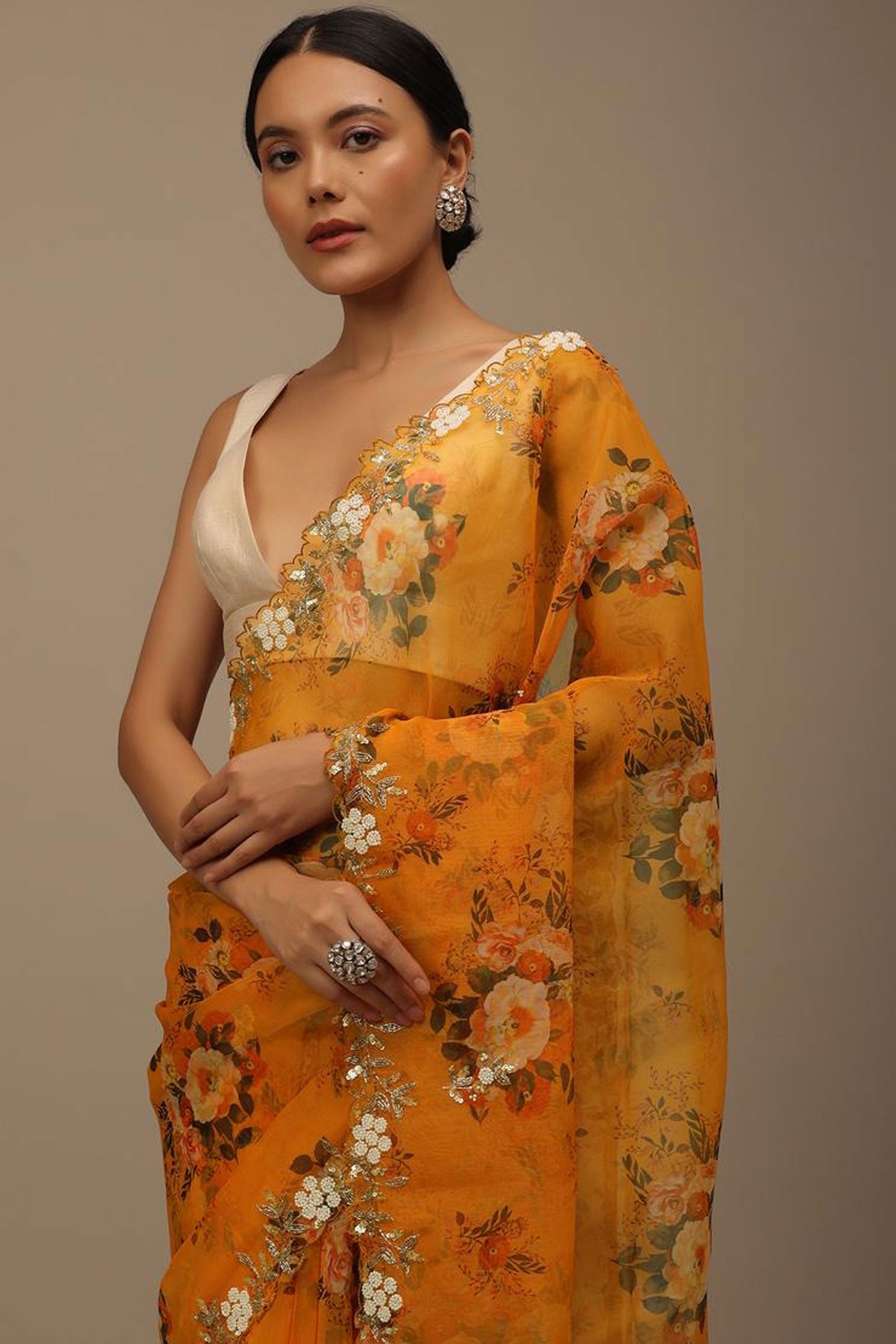 Mustard Color Floral Printed Organza Saree