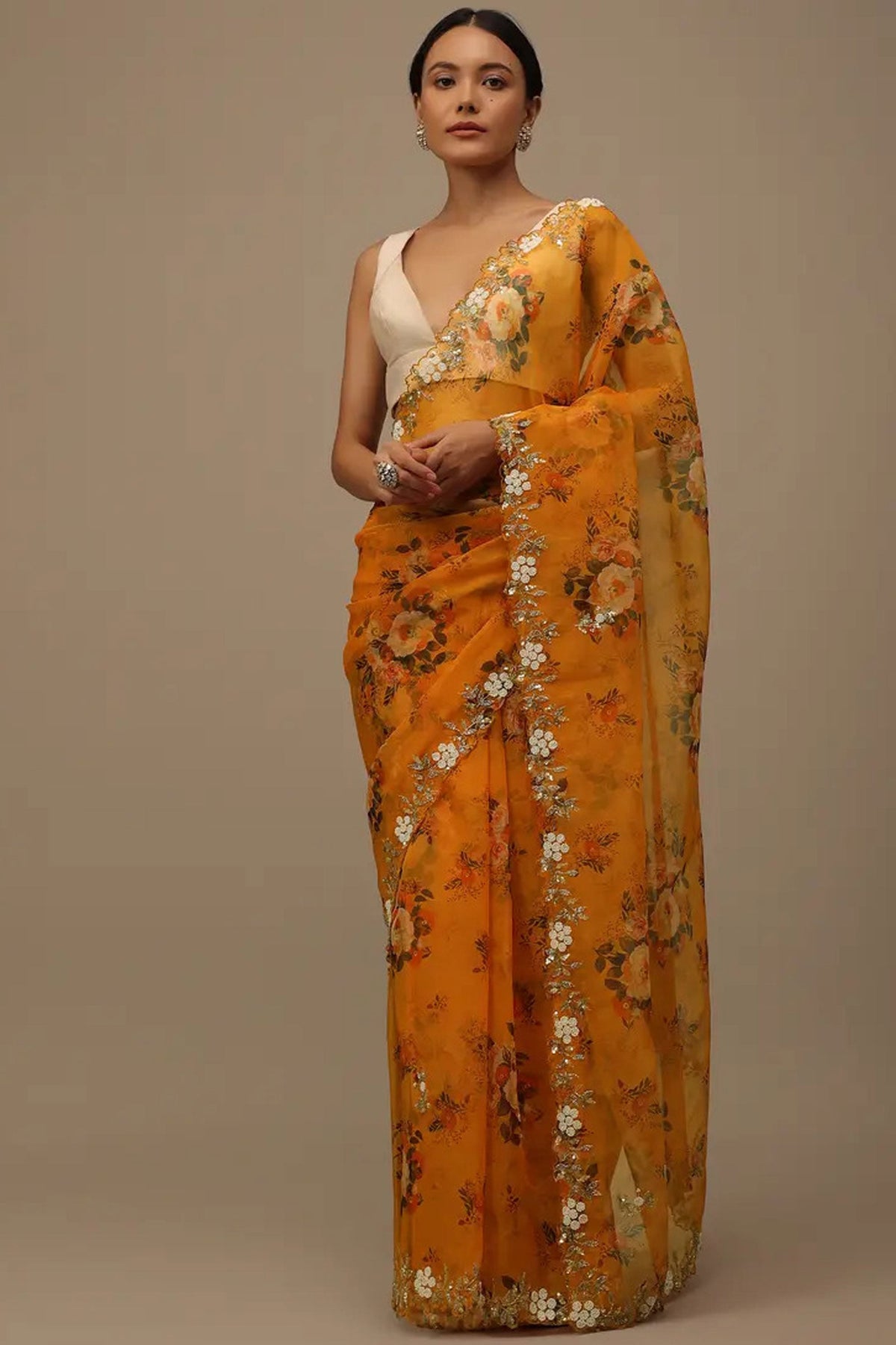 Mustard Color Floral Printed Organza Saree