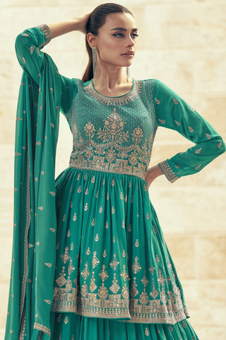 Embroidered Cyan Designer 3 Piece Readymade Sharara Top Lehenga In Georgette Fabric