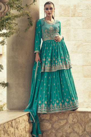 Embroidered Cyan Designer 3 Piece Readymade Sharara Top Lehenga In Georgette Fabric