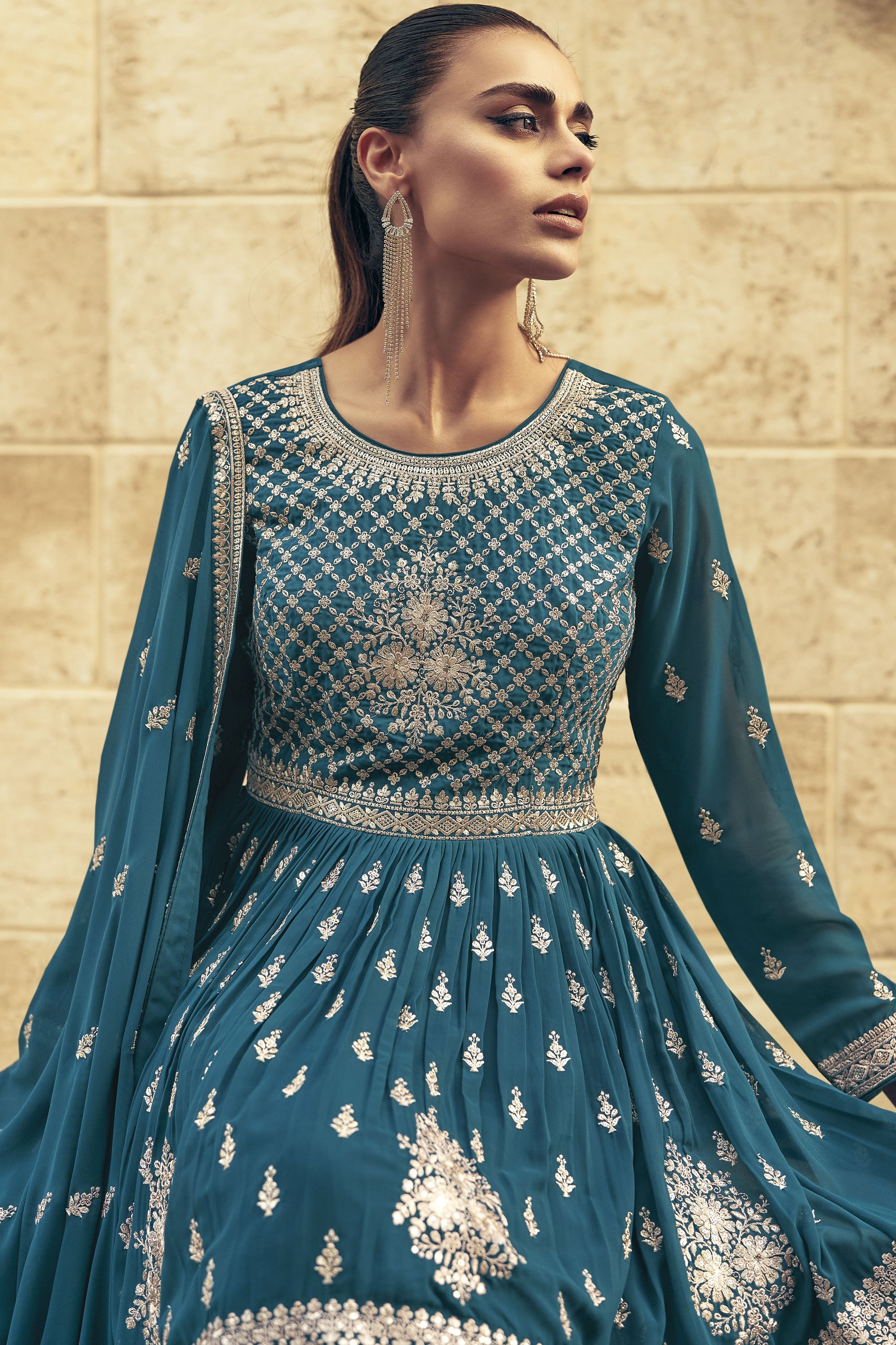 Teal Georgette Fabric Occasion Wear Embroidered Readymade Sharara Top Lehenga