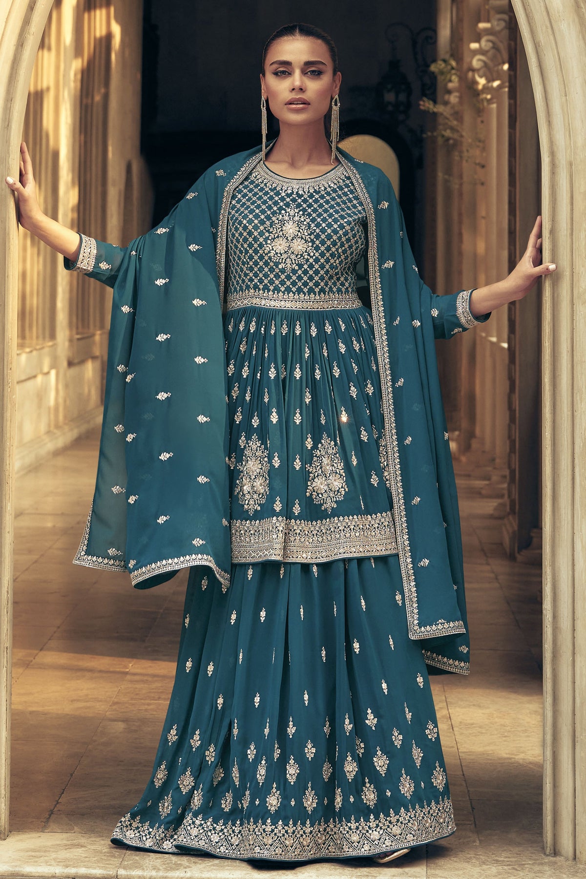 Teal Georgette Fabric Occasion Wear Embroidered Readymade Sharara Top Lehenga