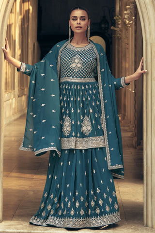 Teal Georgette Fabric Occasion Wear Embroidered Readymade Sharara Top Lehenga