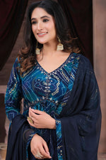 Load image into Gallery viewer, Function Wear Rayon Fabric Printed Anarkali Salwar Kameez In Blue Color

