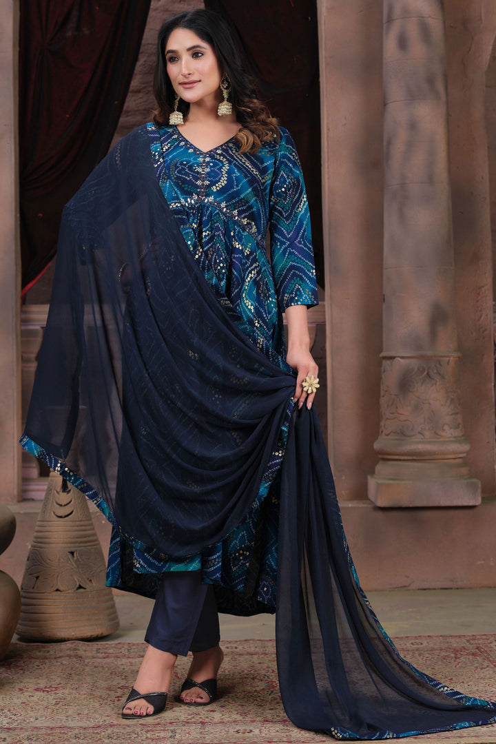 Function Wear Rayon Fabric Printed Anarkali Salwar Kameez In Blue Color