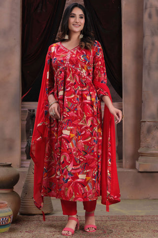 Function Wear Printed Red Anarkali Salwar Suit In Rayon Fabric