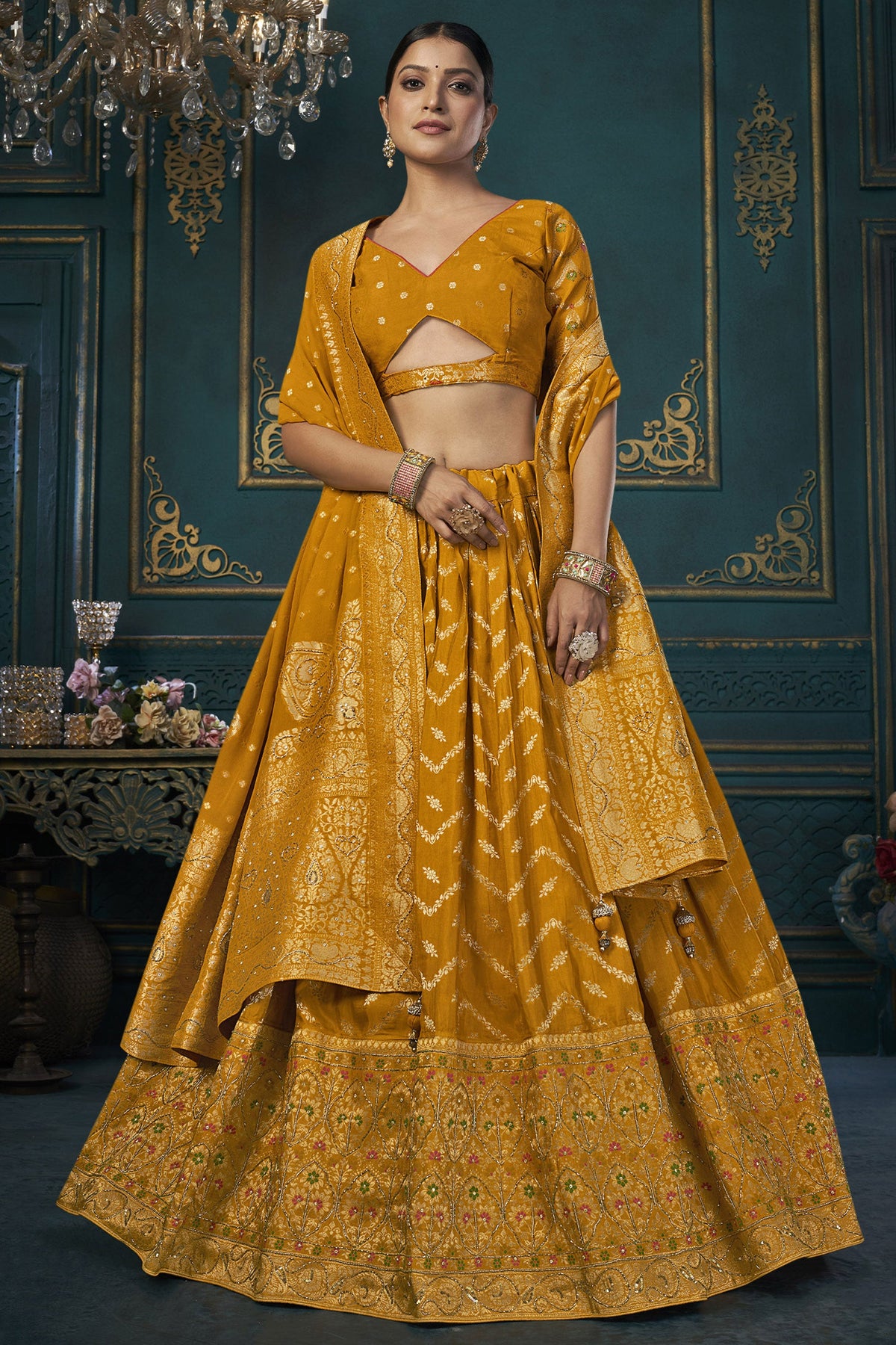 Wedding Wear Art Silk Fabric 3 Piece Lehenga Choli In Mustard Color