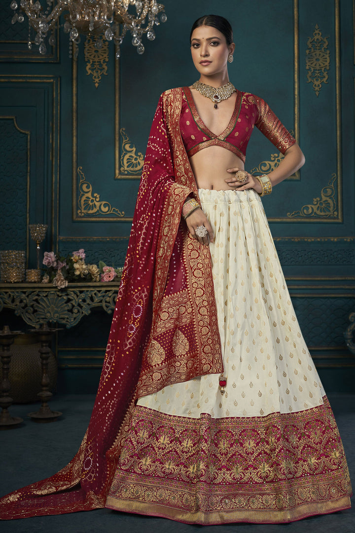 White Color Sangeet Wear Art Silk Lehenga Choli With Weaving Work
