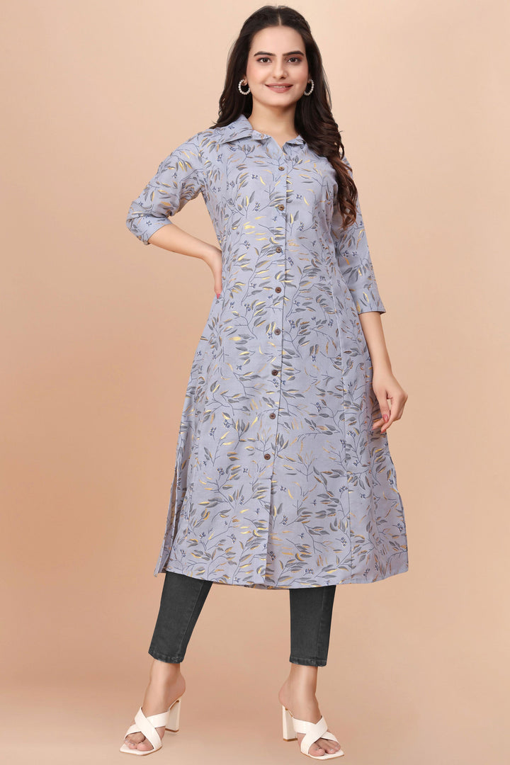 Cotton Fabric Grey Printed Embelished Readymade Kurti