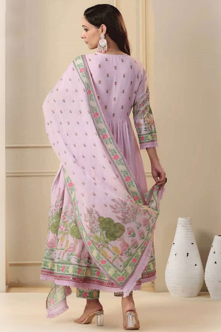 Fancy Fabric Readymade Long Anarkali Salwar Kameez In Lavender Color