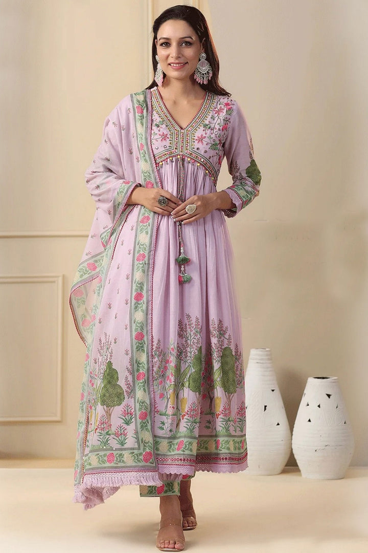 Fancy Fabric Readymade Long Anarkali Salwar Kameez In Lavender Color