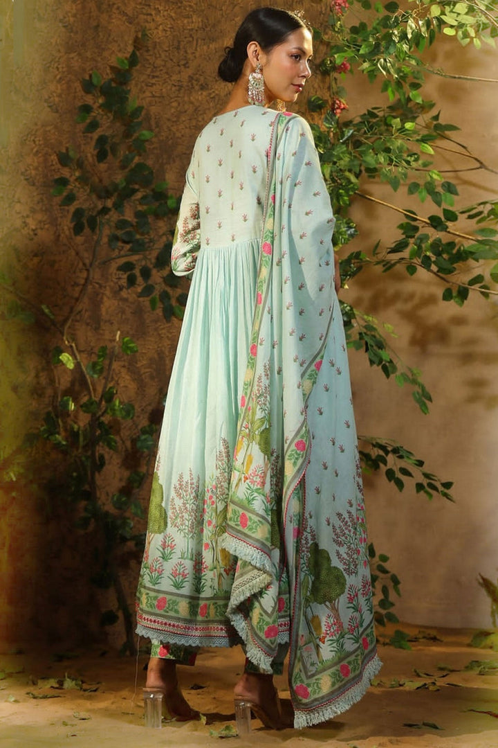 Sea Green Color Readymade Long Anarkali Salwar Suit In Fancy Fabric