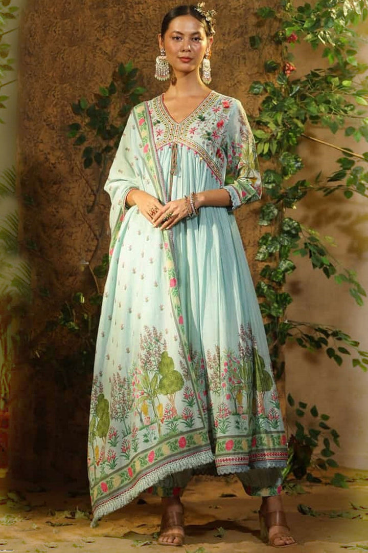 Sea Green Color Readymade Long Anarkali Salwar Suit In Fancy Fabric