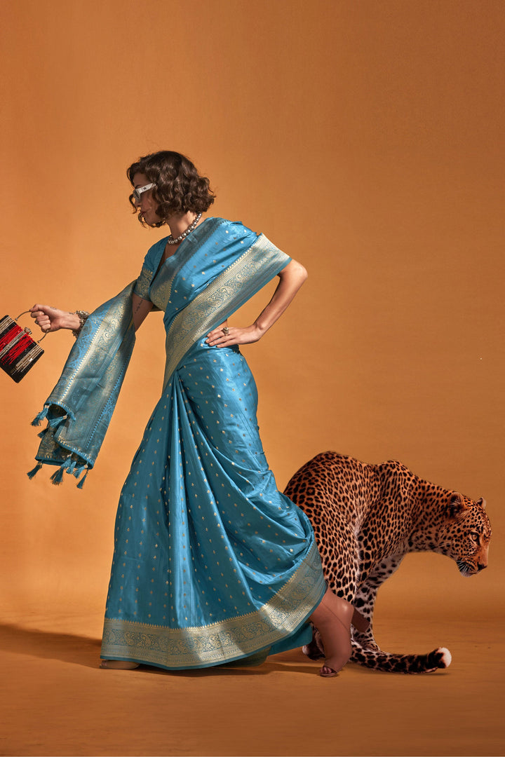 Sky Blue Handloom Weaving Satin Silk Fabric Saree