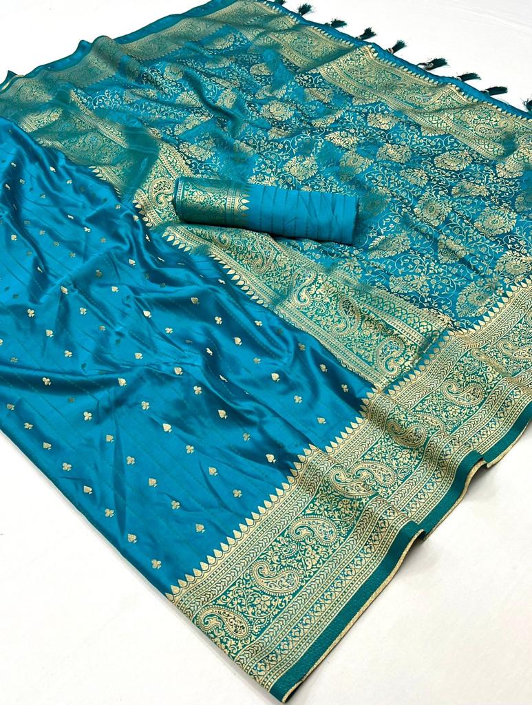 Sky Blue Handloom Weaving Satin Silk Fabric Saree