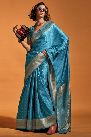 Sky Blue Handloom Weaving Satin Silk Fabric Saree