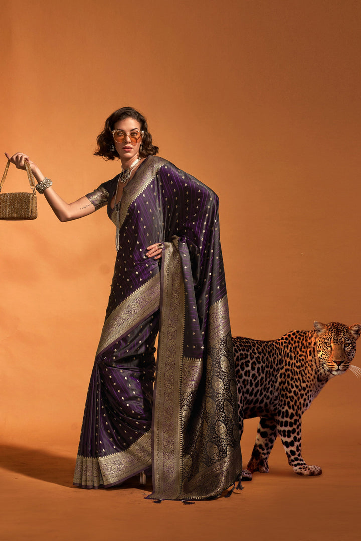 Party Look Satin Silk Handloom Weaving Purple Saree