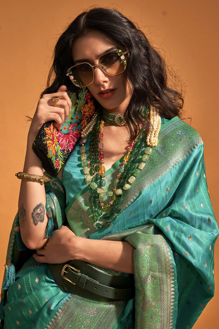 Cyan Color Satin Silk Handloom Weaving Beautiful Saree