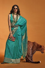 Load image into Gallery viewer, Cyan Color Satin Silk Handloom Weaving Beautiful Saree