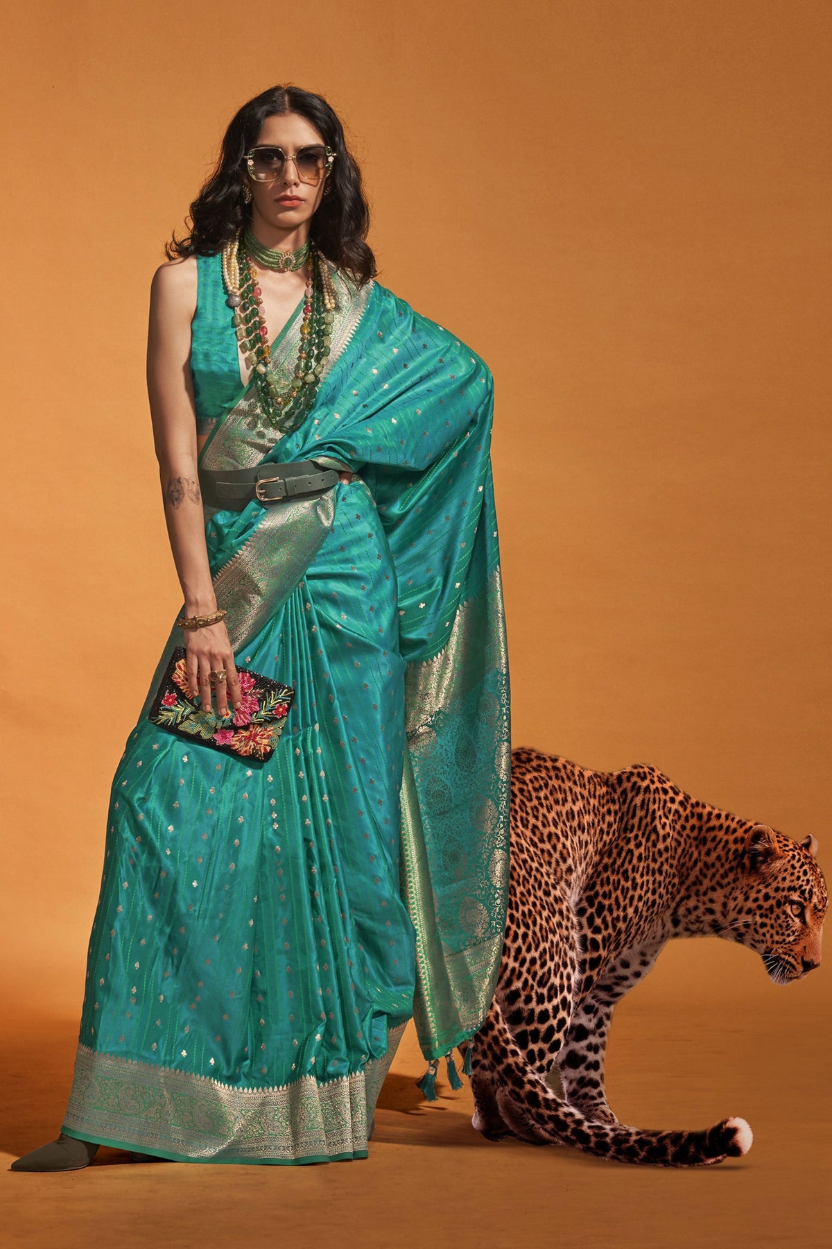 Cyan Color Satin Silk Handloom Weaving Beautiful Saree