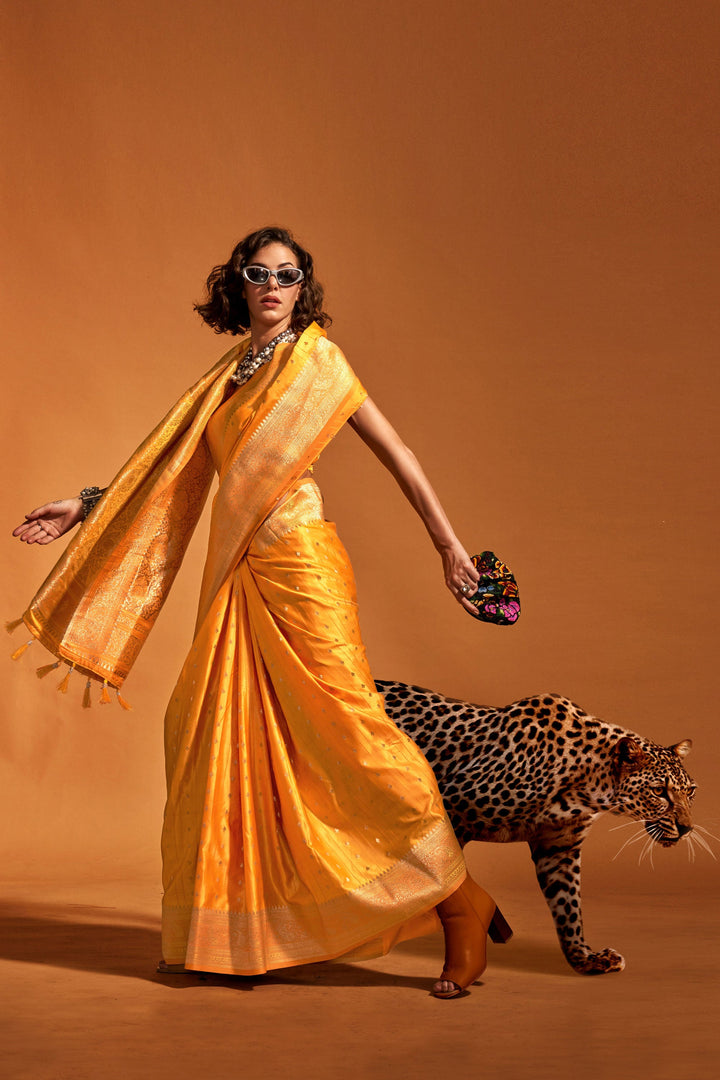 Mustard Color Satin Silk Party Wear Handloom Weaving Saree