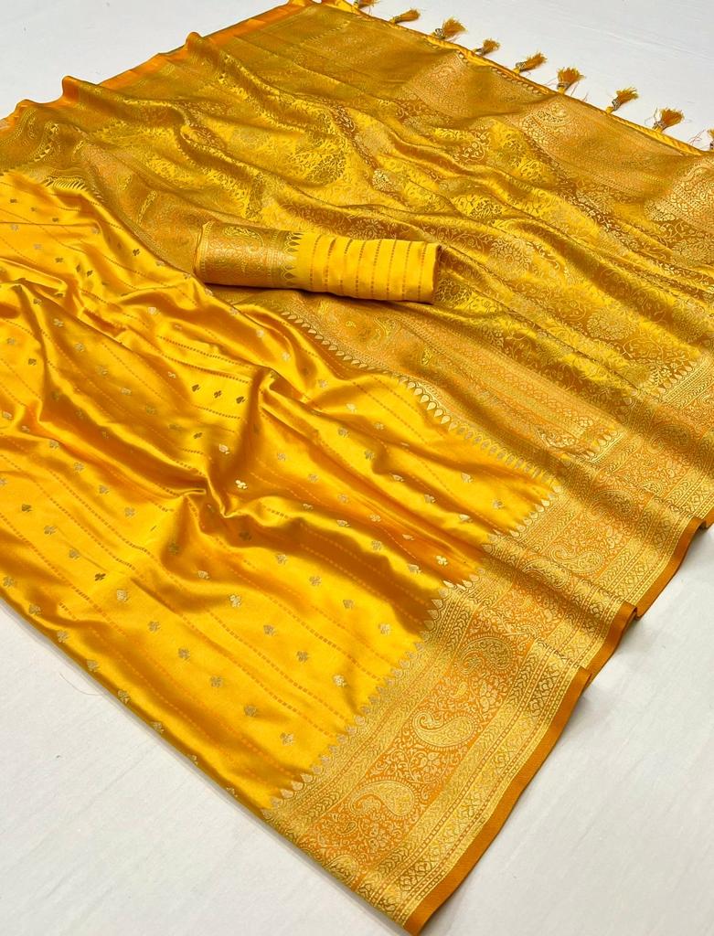 Mustard Color Satin Silk Party Wear Handloom Weaving Saree