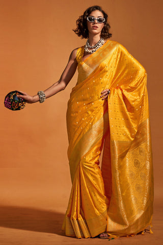 Mustard Color Satin Silk Party Wear Handloom Weaving Saree