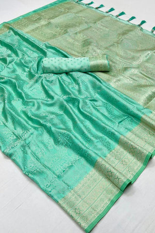 Function Wear Sea Green Handloom Weaving Saree In Satin Silk Fabric