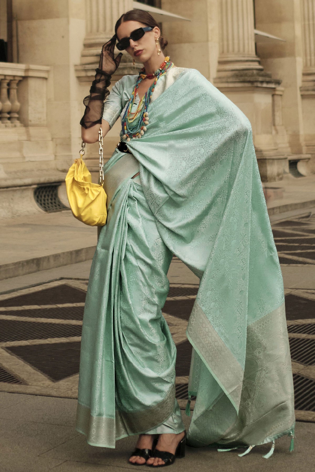 Function Wear Sea Green Handloom Weaving Saree In Satin Silk Fabric